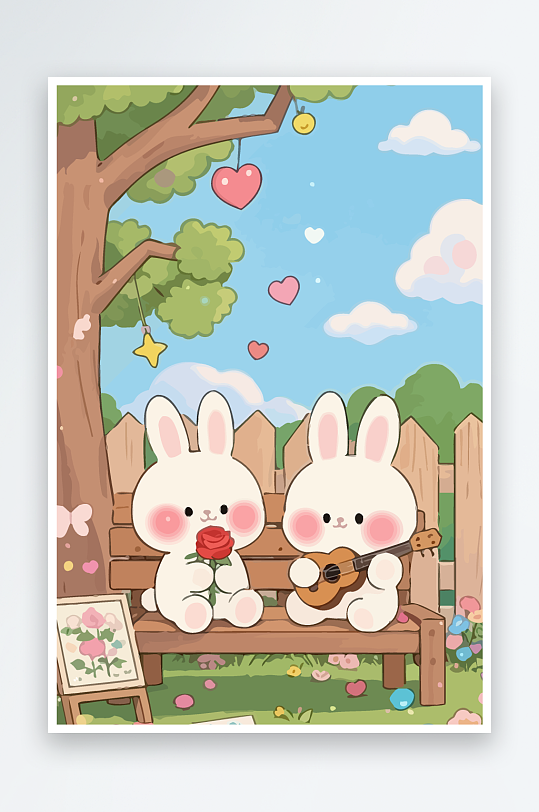 Q版两只兔子坐在大树下-众图网