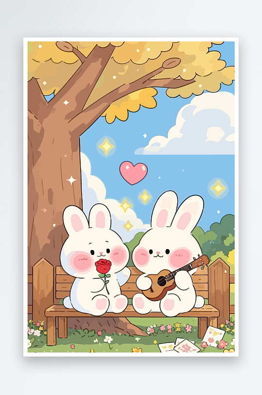 Q版两只兔子坐在大树下-众图网
