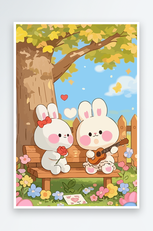 Q版两只兔子坐在大树下-众图网