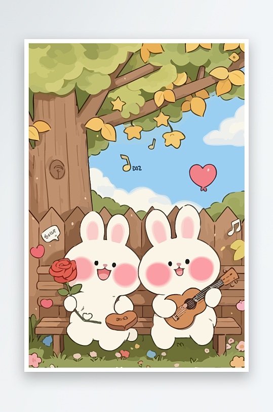 Q版两只兔子坐在大树下-众图网