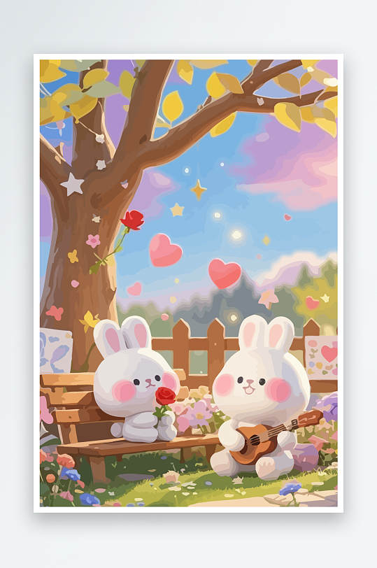 Q版两只兔子坐在大树下-众图网