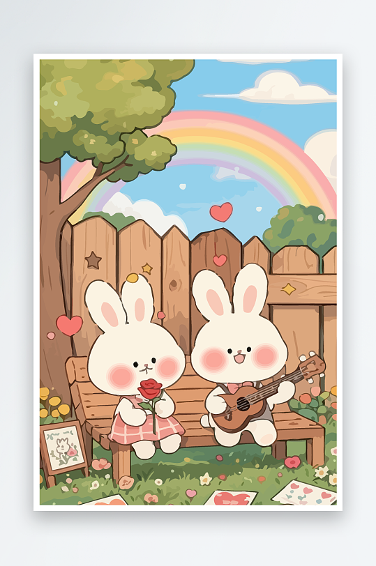 Q版两只兔子坐在大树下-众图网