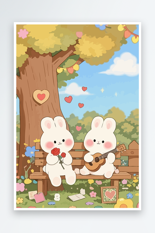 Q版两只兔子坐在大树下-众图网