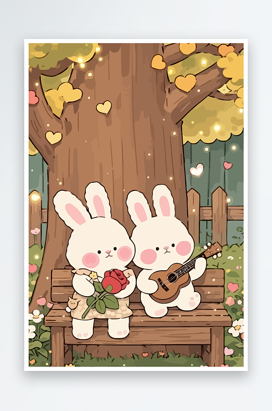 Q版两只兔子坐在大树下-众图网