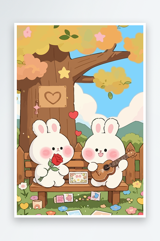 Q版两只兔子坐在大树下-众图网