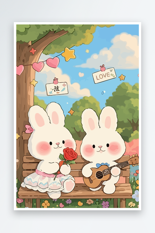 Q版两只兔子坐在大树下-众图网