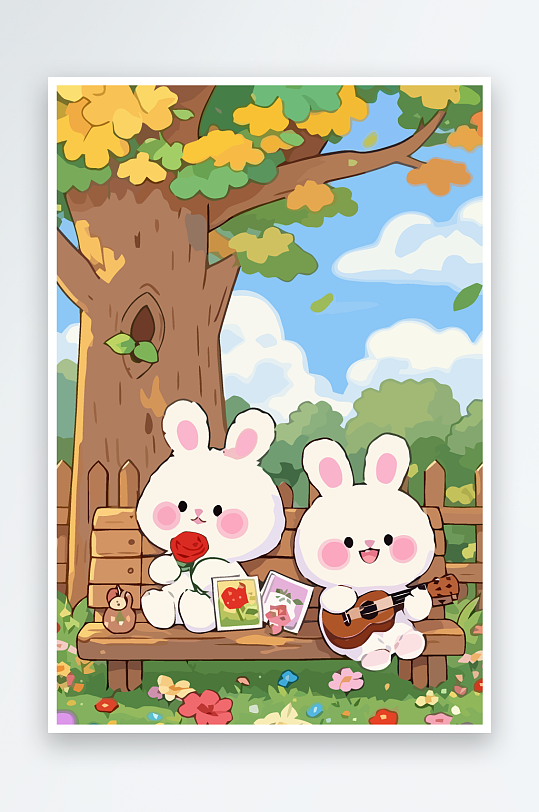 Q版两只兔子坐在大树下-众图网