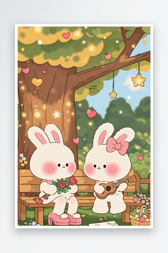 Q版两只兔子坐在大树下-众图网