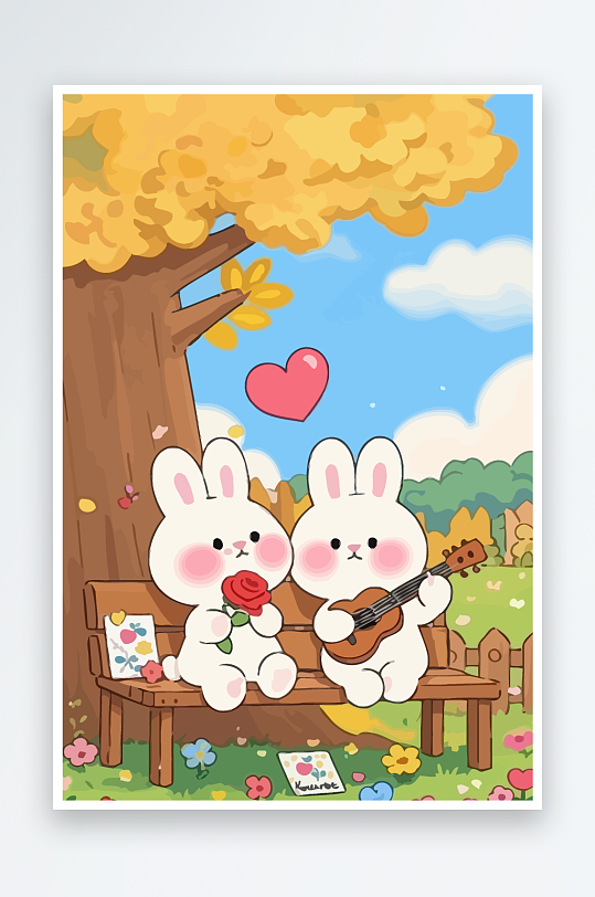 Q版两只兔子坐在大树下-众图网