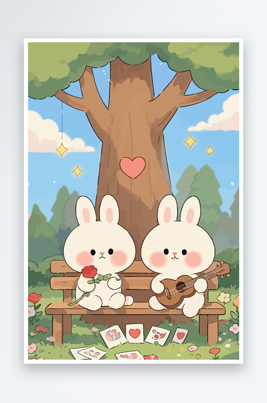 Q版两只兔子坐在大树下-众图网