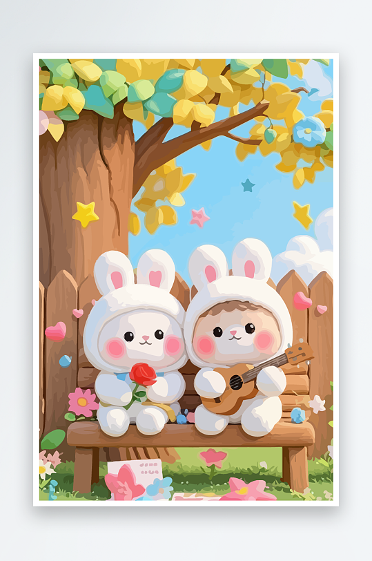 Q版两只兔子坐在大树下-众图网