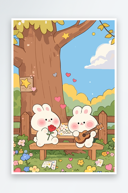 Q版两只兔子坐在大树下-众图网