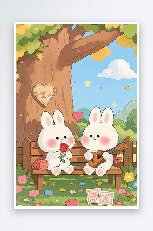 Q版两只兔子坐在大树下-众图网