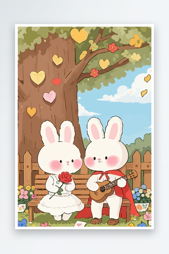 Q版两只兔子坐在大树下元素-众图网