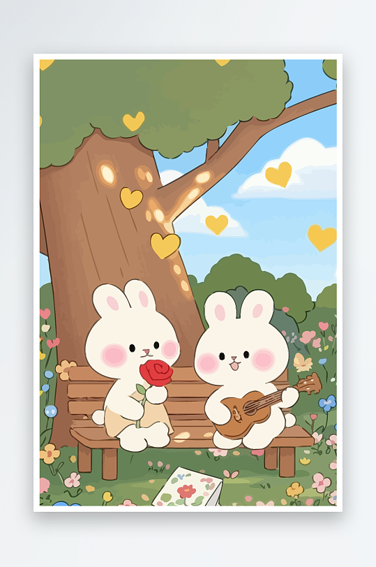 Q版两只兔子坐在大树下元素-众图网