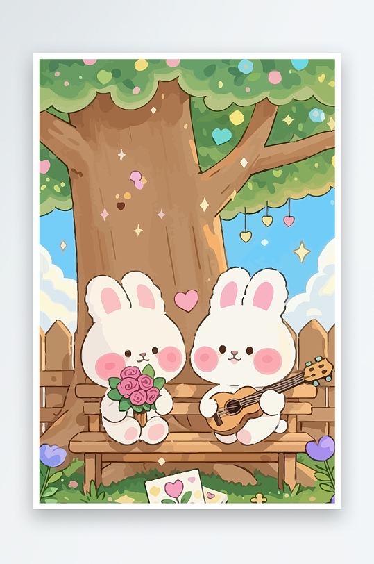 Q版两只兔子坐在大树下元素-众图网