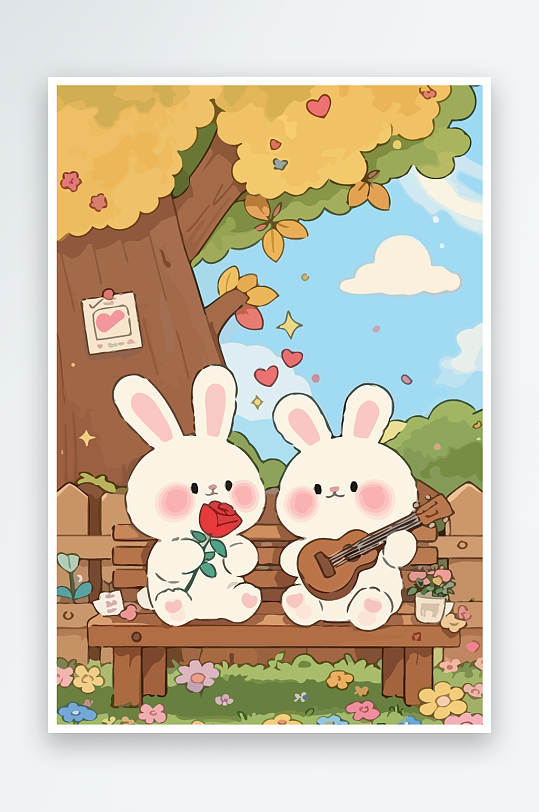 Q版两只兔子坐在大树下元素-众图网