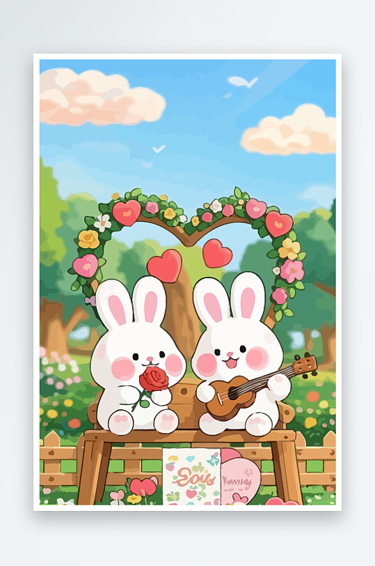 Q版两只兔子坐在大树下元素-众图网