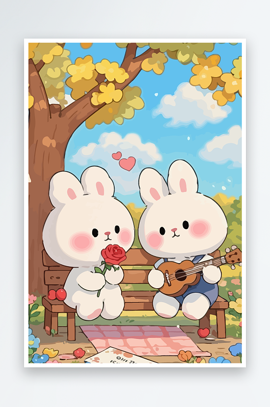 Q版两只兔子坐在大树下-众图网