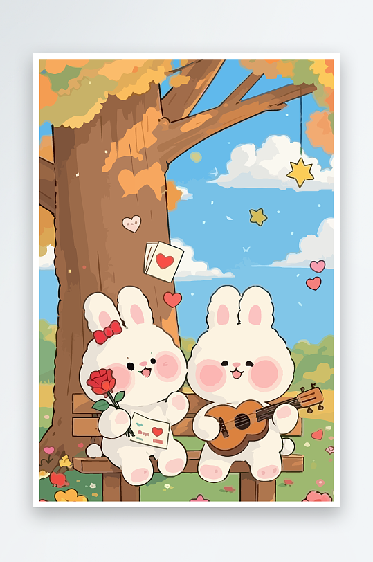 Q版两只兔子坐在大树下-众图网