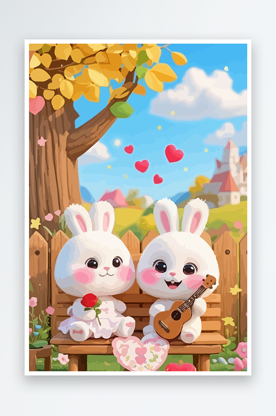 Q版两只兔子坐在大树下-众图网