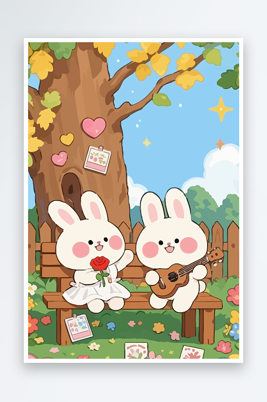 Q版两只兔子坐在大树下-众图网