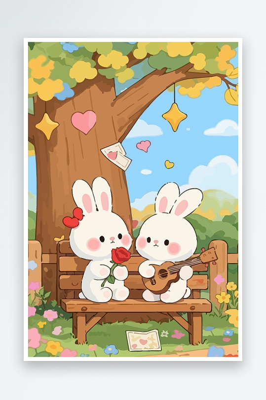 Q版两只兔子坐在大树下-众图网