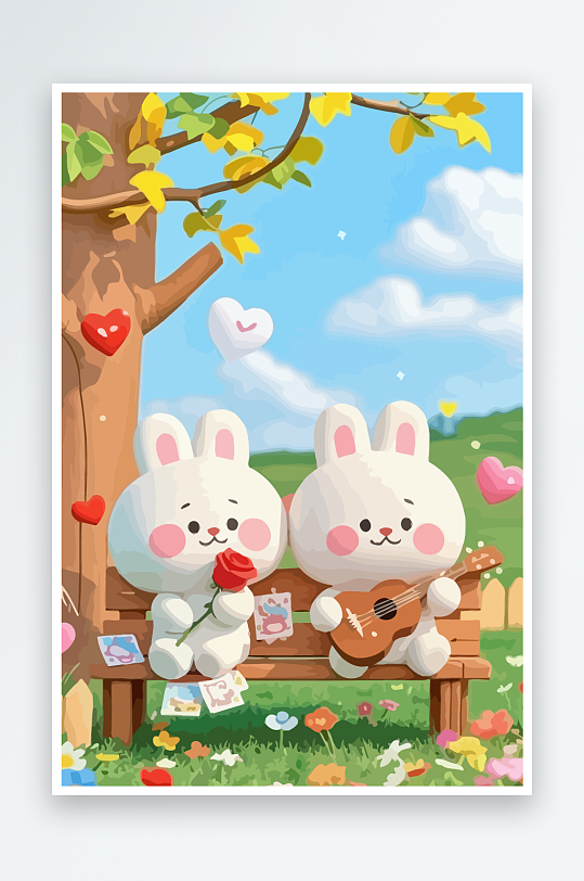 Q版两只兔子坐在大树下-众图网