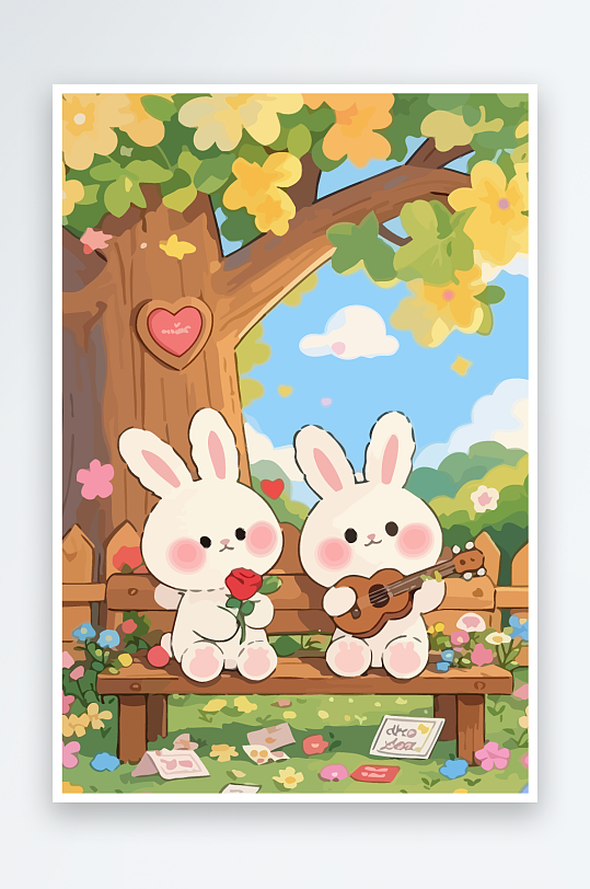 Q版两只兔子坐在大树下-众图网