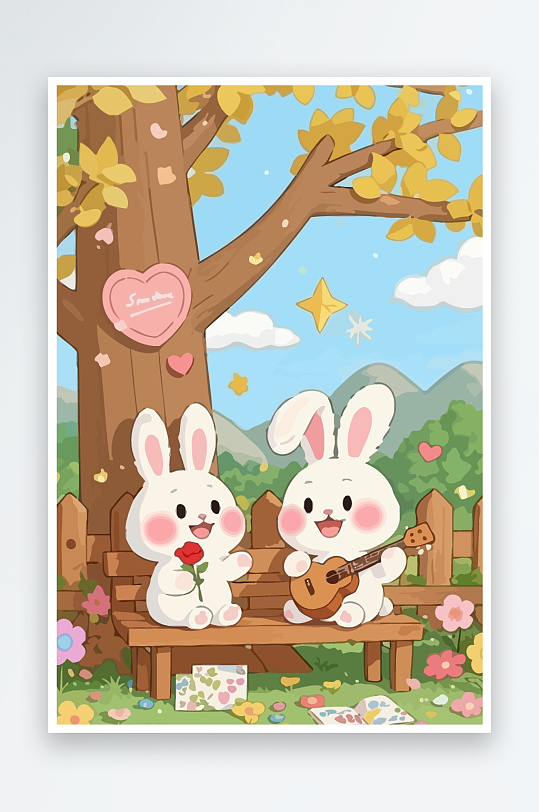 Q版两只兔子坐在大树下-众图网