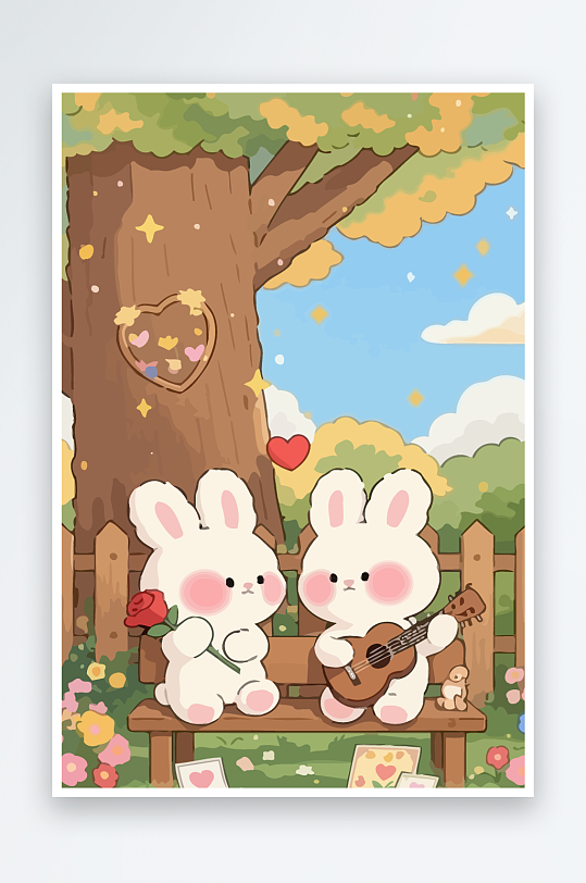Q版两只兔子坐在大树下-众图网