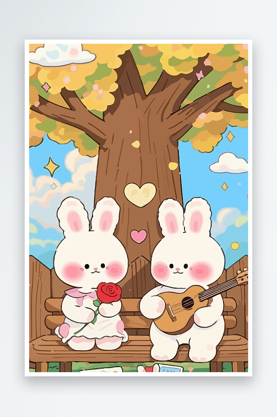 Q版两只兔子坐在大树下-众图网
