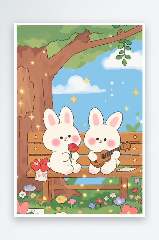 Q版两只兔子坐在大树下-众图网
