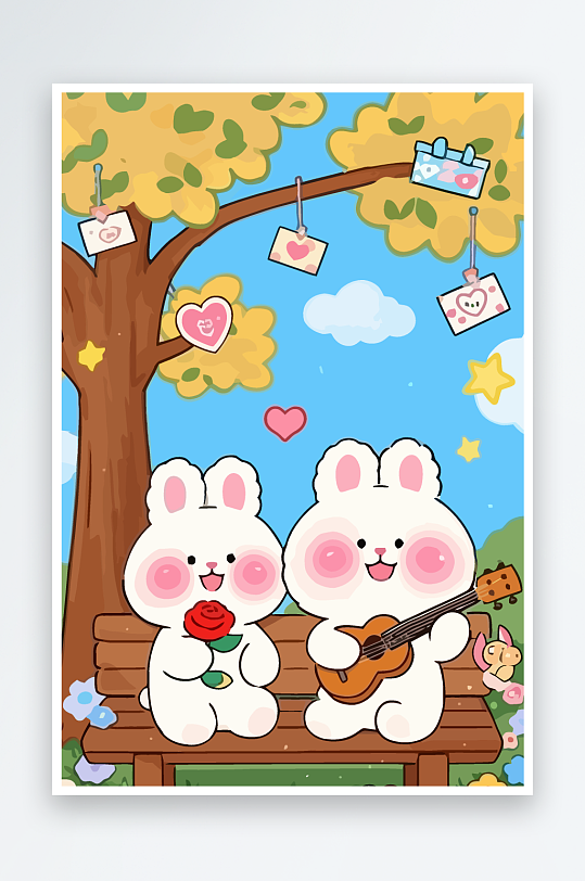 Q版两只兔子坐在大树下-众图网
