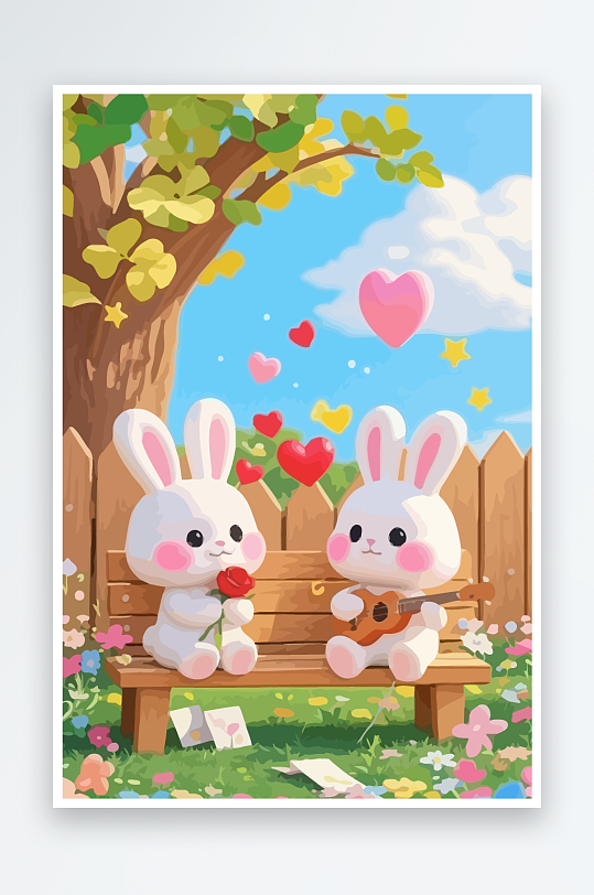 Q版两只兔子坐在大树下-众图网