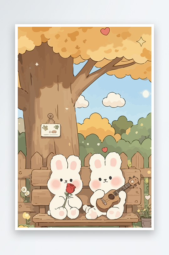 Q版两只兔子坐在大树下元素-众图网