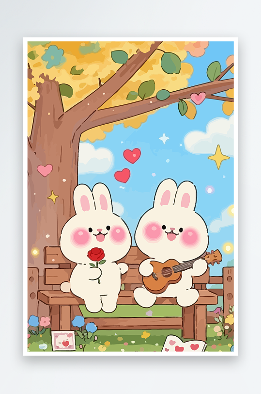 Q版两只兔子坐在大树下元素-众图网