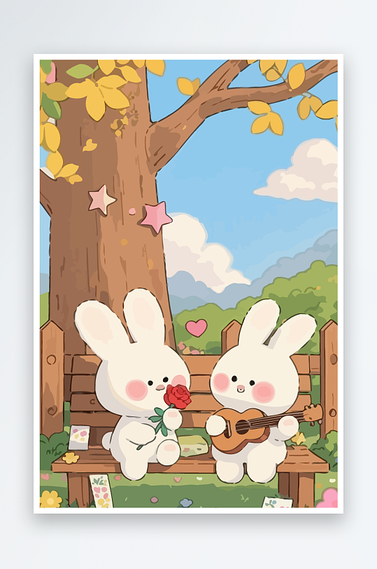 Q版两只兔子坐在大树下元素-众图网