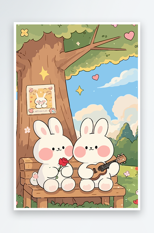 Q版两只兔子坐在大树下元素-众图网