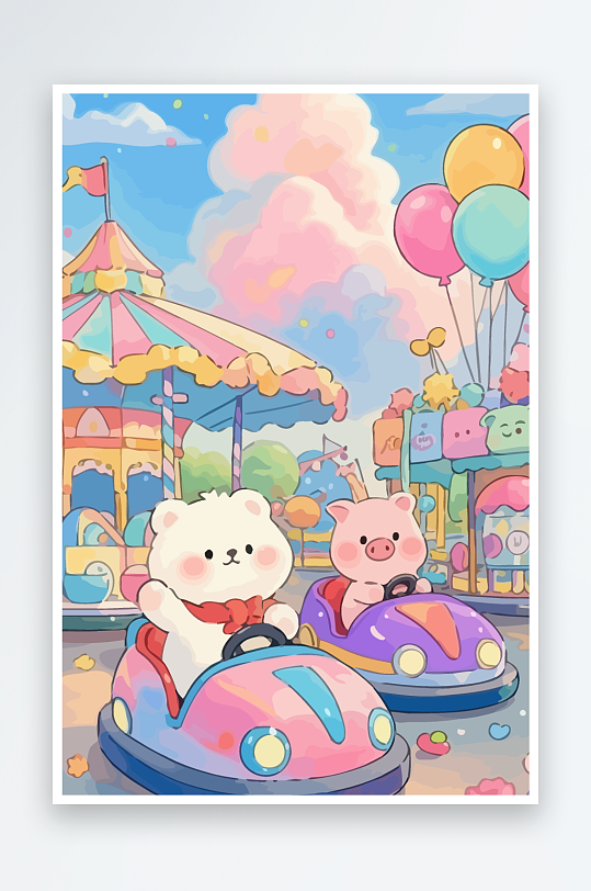 Q版游乐城开碰碰车的小猪-众图网