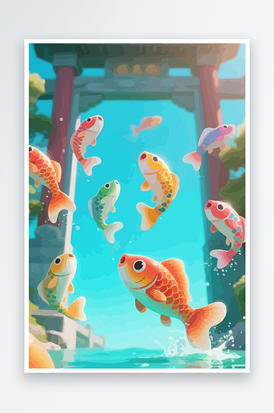 Q版卡通鲤鱼跃龙门元素-众图网