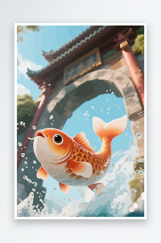 Q版卡通鲤鱼跃龙门元素-众图网