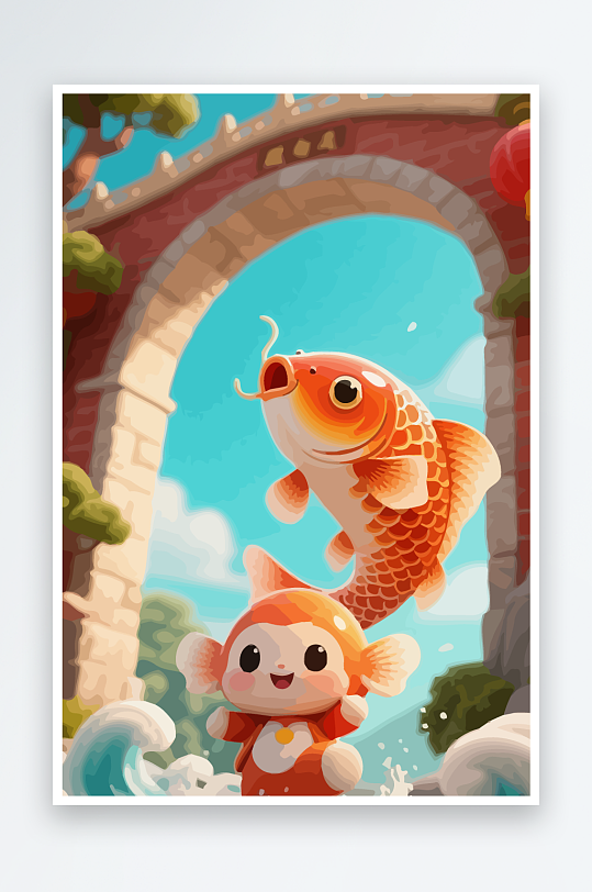 Q版卡通鲤鱼跃龙门元素-众图网
