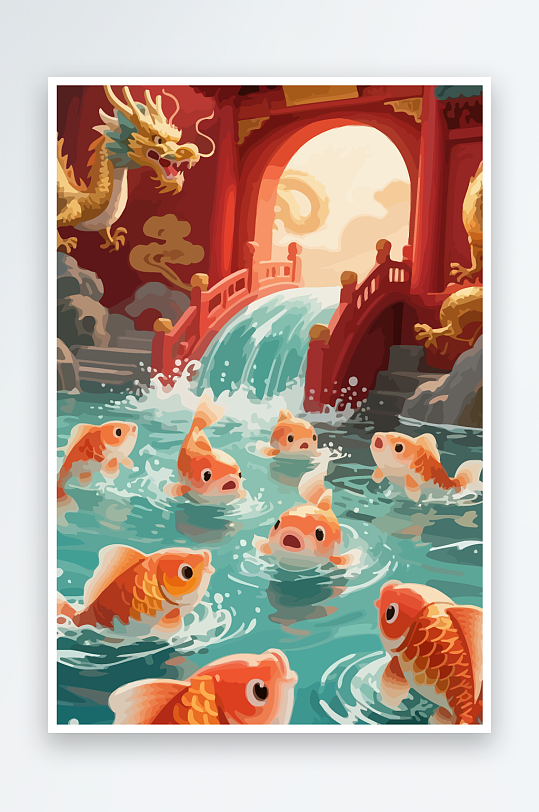 Q版卡通鲤鱼跃龙门元素-众图网