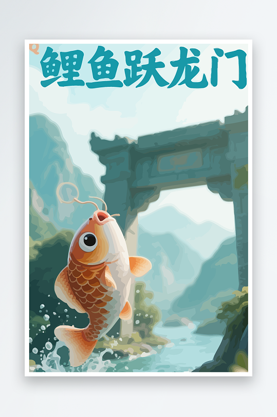 Q版卡通鲤鱼跃龙门元素-众图网