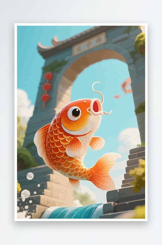 Q版卡通鲤鱼跃龙门元素-众图网
