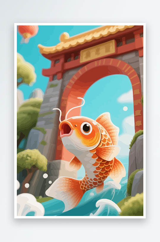Q版卡通鲤鱼跃龙门-众图网