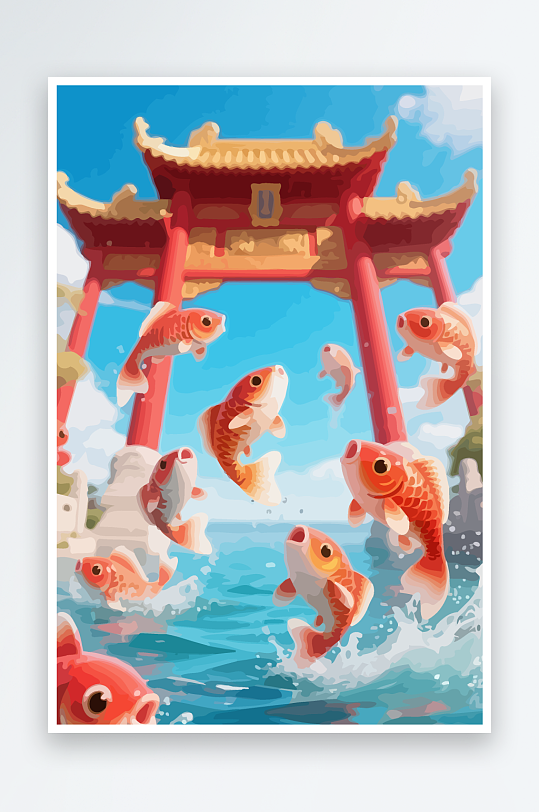 Q版卡通鲤鱼跃龙门-众图网