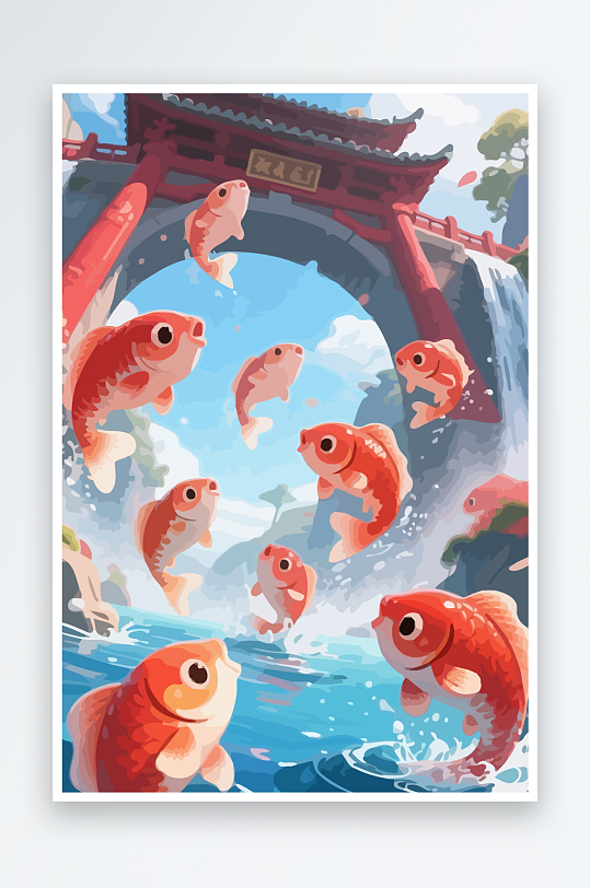 Q版卡通鲤鱼跃龙门-众图网