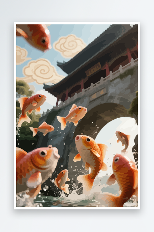 Q版卡通鲤鱼跃龙门-众图网